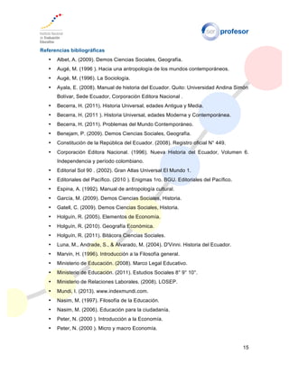 15
Referencias bibliográficas
• Albet, A. (2009). Demos Ciencias Sociales, Geografía.
• Augé, M. (1996 ). Hacia una antropología de los mundos contemporáneos.
• Augé, M. (1996). La Sociología.
• Ayala, E. (2008). Manual de historia del Ecuador. Quito: Universidad Andina Simón
Bolívar, Sede Ecuador, Corporación Editora Nacional .
• Becerra, H. (2011). Historia Universal, edades Antigua y Media.
• Becerra, H. (2011 ). Historia Universal, edades Moderna y Contemporánea.
• Becerra, H. (2011). Problemas del Mundo Contemporáneo.
• Benejam, P. (2009). Demos Ciencias Sociales, Geografía.
• Constitución de la República del Ecuador. (2008). Registro oficial N° 449.
• Corporación Editora Nacional. (1996). Nueva Historia del Ecuador, Volumen 6.
Independencia y período colombiano.
• Editorial Sol 90 . (2002). Gran Atlas Universal El Mundo 1.
• Editoriales del Pacífico. (2010 ). Enigmas 1ro. BGU. Editoriales del Pacífico.
• Espina, A. (1992). Manual de antropología cultural.
• García, M. (2009). Demos Ciencias Sociales, Historia.
• Gatell, C. (2009). Demos Ciencias Sociales, Historia.
• Holguín, R. (2005). Elementos de Economía.
• Holguín, R. (2010). Geografía Económica.
• Holguín, R. (2011). Bitácora Ciencias Sociales.
• Luna, M., Andrade, S., & Alvarado, M. (2004). D'Vinni. Historia del Ecuador.
• Marvin, H. (1996). Introducción a la Filosofía general.
• Ministerio de Educación. (2008). Marco Legal Educativo.
• Ministerio de Educación. (2011). Estudios Sociales 8° 9° 10°.
• Ministerio de Relaciones Laborales. (2008). LOSEP.
• Mundi, I. (2013). www.indexmundi.com.
• Nasim, M. (1997). Filosofía de la Educación.
• Nasim, M. (2006). Educación para la ciudadanía.
• Peter, N. (2000 ). Introducción a la Economía.
• Peter, N. (2000 ). Micro y macro Economía.
 