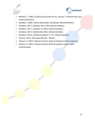 16
• Robalino, L. (1966). Orígenes del Ecuador de hoy, volumen 7: Editorial Casa de la
Cultura Ecuatoriana.
• Santillana . (2006). Historia del Ecuador, bachillerato. Editorial Santillana .
• Santillana. (2011). Desafíos 10mo. EGB. Editorial Santillana.
• Santillana. (2011 ). Desafíos 1ro. BGU. Editorial Santillana.
• Santillana. (2011). Desafíos 2do. BGU. Editorial Santillana.
• Santillana. (2012). Estudios Sociales 8° 9° 10°. Editorial Santillana.
• Televisa. (2013). Almanaque Mundial . Televisa.
• Vásquez, S. (2007). Historia Universal, desde la prehistoria hasta el medioevo.
• Vásquez, S. (2007). Historia Universal, desde el medioevo hasta la edad
contemporánea.
 