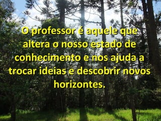 O professor é aquele que
altera o nosso estado de
conhecimento e nos ajuda a
trocar ideias e descobrir novos
horizontes.

 