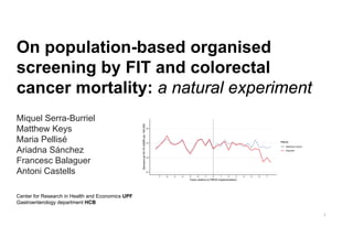 Miquel Serra-Burriel
Matthew Keys
Maria Pellisé
Ariadna Sánchez
Francesc Balaguer
Antoni Castells
On population-based organised
screening by FIT and colorectal
cancer mortality: a natural experiment
Center for Research in Health and Economics UPF
Gastroenterology department HCB
1
 