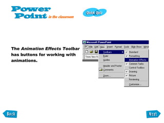 The  Animation Effects Toolbar  has buttons for working with animations. 