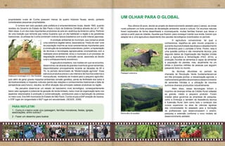 14                                                                                                                                                                                                                    15




     propriedades rurais de Cunha possuem menos de quatro módulos fiscais, sendo, portanto
                                                                                                                 UM OLHAR PARA O GLOBAL
                                                                                                                 	
     consideradas pequenas propriedades.
     	       O turismo tem sido pautado pela prefeitura e empreendedores locais, desde 1945, quando              	       Nos últimos 40 anos, devido ao projeto de desenvolvimento adotado para o campo, as zonas
     recebeu do Governo do Estado de São Paulo o título de Estância Climática através da Lei nº 182.             rurais sofreram um forte processo de devastação ambiental, social e cultural. Os recursos naturais
     Além disso, é um dos mais importantes produtores de arte em cerâmica da América Latina. Partindo            foram explorados de forma desenfreada e inconsequente, muitas famílias tiveram que deixar o
     de uma tradição que remonta aos índios Guaranis que um dia habitaram a região e às paneleiras               campo e partir para as cidades. Aquelas que ficaram, para conseguir manter sua renda, tiveram que
     tradicionais, os artistas de Cunha combinam motivos típicos brasileiros com a arte milenar japonesa.        adaptar-se a uma agricultura dependente dos pacotes tecnológicos incentivados no período.
                                           	       A condição ambiental do município, que conserva ainda                                                     	      A agricultura convencional, tal qual a
                                           uma cobertura vegetal nativa, associada ao “modo de vida” rural                                                   conhecemos, espalhou-se pelo mundo propondo o
                                           da população imprime ao local características importantes para                                                    aumento da produtividade das áreas e o abastecimento
                                           a construção de sociedades sustentáveis, porém, a implantação                                                     de alimentos para o combate à fome. Porém, esta é
                                           de técnicas e tecnologias agropecuárias incompatíveis com a                                                       uma questão política e não meramente técnica, pois
                                           realidade sócio-ambiental, levou o município a um processo de                                                     segundo dados da Organização das Nações Unidas
                                           degradação ambiental e exclusão social, associado ao êxodo                                                        para a Agricultura e Alimentação (FAO, 2012), a
                                           rural e enfraquecimento econômico.                                                                                produção mundial de alimentos é capaz de alimentar
                                              	       A agricultura brasileira, nos moldes em que se encontra,                                               a população do planeta, mas, atualmente há um
                                              desenvolveu-se através de grandes incentivos governamentais,                                                   bilhão e duzentos milhões de pessoas que seguem
                                              disponibilizados principalmente durante as décadas de 60 e                                                     passando fome no mundo.
                                              70, no período denominado de “Modernização agrícola”. Essa                                                     	      As técnicas difundidas no período da
                                              estrutura produtiva previa o uso intensivo de insumos externos e   Pastagem extensiva
                                                                                                                                                             chamada de Revolução Verde fundamentavam-se
     Estátua em homenagem à D. Dita Paneleira monoculturas, revelando-se inviável para o pequeno agricultor,
                                                                                                                                                             em três principais pontos: a mecanização agrícola, o
     pois além de gerar graves impactos ambientais (erosão genética, perda da fertilidade dos solos e                                                        melhoramento genético de animais e o desenvovimento
     da biodiversidade) e impactos culturais (perda das relações e conhecimentos tradicionais e falta de                                                     de sementes híbridas e, a utilização de insumos
     perspectivas para futuro), resultou na difícil situação das principais cadeias produtivas na região.                                                    químicos diversos produzidos industrialmente.
     	       Na pecuária observa-se um estado de baixíssimo nível tecnológico, consequentemente                                                              	       Além disso, essas tecnologias tinham o
     baixo valor agregado e potencial de geração de renda limitado, baixo nível de organização tanto nos                                                     incentivo de diversas linhas de Crédito Rural voltadas
     aspectos relacionados à produção e comercialização, contribuindo para a reprodução da pobreza                                                           ao grande, médio e pequeno produtor. Foram
     no meio rural. Dos 645 municípios do Estado de São Paulo, Cunha ocupa a 634ª posição de riqueza,                                                        criadas pelos governos as empresas de pesquisa,
     o 578º lugar em longevidade e 642º lugar em escolaridade. (SEADE, 2008)                                                                                 como a Embrapa e também de Assistência técnica
                                                                                                                                                             e Extensão Rural, bem como todo o conteúdo dos
                                                                                                                                                             cursos superiores na área de ciências agrárias
         PARA REFLETIR!                                                                                                                                      das Universidades foi adaptado para a formação
         1 - Como é o bairro onde vivo (paisagem, famílias moradoras, festas, igrejas,                           	                                           de profissionais que desenvolvessem o ensino,
         associações, entre outros)?                                                                             Monocultivo de eucalipto                    pesquisa e extensão conforme o novo modelo de
         2 - Fazer um desenho para ilustrar.                                                                                                                 desenvolvimento adotado.
 