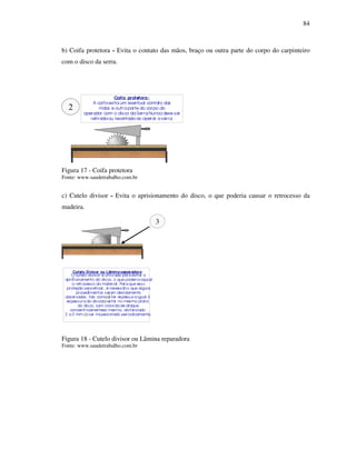84
b) Coifa protetora - Evita o contato das mãos, braço ou outra parte do corpo do carpinteiro
com o disco da serra.
2
Coifa protetora :
A coifa evita um eventual contato das
mãos e outra parte do corpo do
operador com o disco da Serra.Nunca deve ser
retirada ou levantada ao operar a serra.
Figura 17 - Coifa protetora
Fonte: www.saudetrabalho.com.br
c) Cutelo divisor - Evita o aprisionamento do disco, o que poderia causar o retrocesso da
madeira.
Figura 18 - Cutelo divisor ou Lâmina reparadora
Fonte: www.saudetrabalho.com.br
Cutelo Divisor ou Lâmina separadora
:O cutelo divisor é utiliz ado para evitar o
aprisionamento do disco, o que poderia causar
o retrocesso do material. Para que essa
proteção seja eficaz , é necessário que alguns
procedimentos sejam devidamente
observados, tais como: a) ter espessura igual à
espessura do disco,b) estar no mesmo plano
do disco, com a borda de ataque
concentricamenteao mesmo, distanciada
2 a 3 mm;c) ser inspecionado periodicamente.
3
 