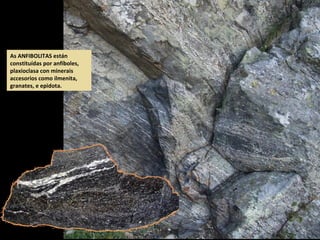 As ANFIBOLITAS están
constituídas por anfíboles,
plaxioclasa con minerais
accesorios como ilmenita,
granates, e epidota.
 