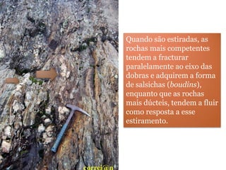 Quando são estiradas, as
rochas mais competentes
tendem a fracturar
paralelamente ao eixo das
dobras e adquirem a forma
de salsichas (boudins),
enquanto que as rochas
mais dúcteis, tendem a fluir
como resposta a esse
estiramento.
 