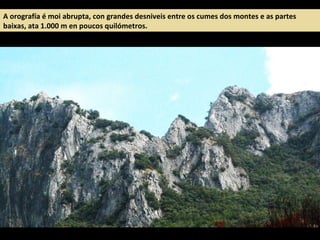 A orografía é moi abrupta, con grandes desniveis entre os cumes dos montes e as partes
baixas, ata 1.000 m en poucos quilómetros.
 