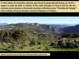 É unha cadea de montañas calcárias que discorre perpendicularmente ao río Sil e
separa os vales do Galir e o Selmo. O Pico máis elevado é o Tara (1.112 m). No seu
extremo oeste destaca a formación de picos coñecidos como “Penedos de Oulego”:
Pena Tallada, Penouco Grande, Penouco Pequeno, A Petada...
Vista do conxunto da serra desde Vilar de Silva (á dereita o canón do Sil)
 