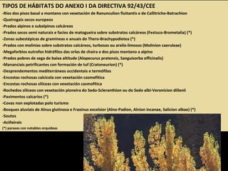 TIPOS DE HÁBITATS DO ANEXO I DA DIRECTIVA 92/43/CEE
-Ríos dos pisos basal a montano con vexetación de Ranunculion fluitantis e de Callitricho-Batrachion
-Queirogais secos europeos
-Prados alpinos e subalpinos calcáreos
-Prados secos semi naturais e facies de matogueira sobre substratos calcáreos (Festuco-Brometalia) (*)
-Zonas subestépicas de gramíneas e anuais do Thero-Brachypodietea (*)
-Prados con molinias sobre substratos calcáreos, turbosos ou arxilo-limosos (Molinion caeruleae)
-Megaforbios eutrofos hidrófilos das orlas de chaira e dos pisos montano a alpino
-Prados pobres de sega de baixa altitude (Alopecurus pratensis, Sanguisorba officinalis)
-Mananciais petrificantes con formación de tuf (Cratoneurion) (*)
-Desprendementos mediterráneos occidentais e termófilos
-Encostas rochosas calcícola con vexetación casmofítica
-Encostas rochosas silíceas con vexetación casmofítica
-Rochedos silíceos con vexetación pioneira do Sedo-Scleranthion ou do Sedo albi-Veronicion dillenii
-Pavimentos calcarios (*)
-Covas non explotadas polo turismo
-Bosques aluviais de Alnus glutinosa e Fraxinus excelsior (Alno-Padion, Alnion incanae, Salicion albae) (*)
-Soutos
-Aciñeirais
(*) paraxes con notables orquídeas
 