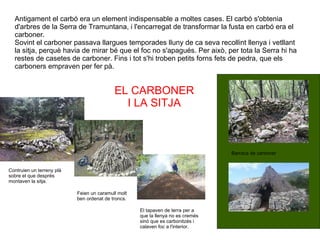 Antigament el carbó era un element indispensable a moltes cases. El carbó s'obtenia d'arbres de la Serra de Tramuntana, i l'encarregat de transformar la fusta en carbó era el carboner. Sovint el carboner passava llargues temporades lluny de ca seva recollint llenya i vetllant la sitja, perquè havia de mirar bé que el foc no s'apagués. Per això, per tota la Serra hi ha restes de casetes de carboner. Fins i tot s'hi troben petits forns fets de pedra, que els carboners empraven per fer pà. Contruien un terreny plà sobre el que després montaven la sitja. Feien un caramull molt ben ordenat de troncs. El tapaven de terra per a que la llenya no es cremés sinó que es carbonitzés i calaven foc a l'interior. Barraca de carboner EL CARBONER I LA SITJA 