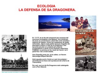 ECOLOGIA  LA DEFENSA DE SA DRAGONERA. El  7-7-77, és el dia del naixement per sorpresa del moviment ecologista a les Balears. Uns centenars de joves es concentraren a Sant Elm amb motxilles i aspecte de hippies. A bord de matalassos de platja, salvavides, alguns amb petites barques llogades als pescadors anaren a l'illot de sa Dragonera. Una excursió peculiar en protesta pel projecte d'urbanització a càrrec d'una empresa valenciana, PAMESA. La premsa es feu ressò de l'acció i se'n parlà fins i tot a nivell estatal. Uns d'aquells joves era, ja ho sabeu, un llavors desconegut Miquel Barceló. Amb aquesta acció s'inicià un camí de protesta i reivindicació en favor de la protecció de la Serra de Tramuntana. Per cert, avui en dia Sa Dragonera està catalogada com a Parc Natural. http :// www.youtube.com / watch?v = imDi2yUkiVE 