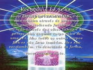 Você não é os seus comportamentos. Você é Deus, expressando a força de vida criativa através de um corpo humano, escolhendo focalizar a sua atenção através dos olhos físicos e da perspectiva daquele corpo físico de uma vez. Mas todos os outros corpos físicos são Deus também. Eles são você também. Na densidade da forma, você esqueceu disto.   