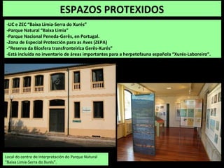 ESPAZOS PROTEXIDOS
-LIC e ZEC “Baixa Limia-Serra do Xurés”
-Parque Natural “Baixa Limia”
-Parque Nacional Peneda-Gerês, en Portugal.
-Zona de Especial Protección para as Aves (ZEPA)
-“Reserva da Biosfera transfronteiriza Gerês-Xurés”
-Está incluída no inventario de áreas importantes para a herpetofauna española “Xurés-Laboreiro”.
Local do centro de Interpretación do Parque Natural
“Baixa Limia-Serra do Xurés”.
 