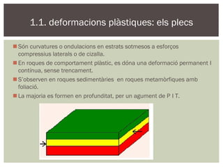 1.1. deformacions plàstiques: els plecs
 Són curvatures o ondulacions en estrats sotmesos a esforços
compressius laterals o de cizalla.
 En roques de comportament plàstic, es dóna una deformació permanent I
contínua, sense trencament.
 S’observen en roques sedimentàries en roques metamòrfiques amb
foliació.
 La majoria es formen en profunditat, per un agument de P I T.

 