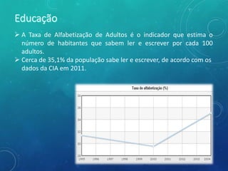  A Taxa de Alfabetização de Adultos é o indicador que estima o
número de habitantes que sabem ler e escrever por cada 100
adultos.
 Cerca de 35,1% da população sabe ler e escrever, de acordo com os
dados da CIA em 2011.
 