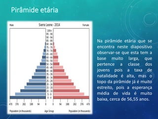 Na pirâmide etária que se
encontra neste diapositivo
observar-se que esta tem a
base muito larga, que
pertence a classe dos
jovens pois a taxa de
natalidade é alta, mas o
topo da pirâmide já é muito
estreito, pois a esperança
média de vida é muito
baixa, cerca de 56,55 anos.
 