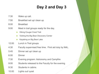 Day 2 and Day 3
7:30 Wake up call.
7:50 Breakfast set up/ clean up
8:00 Breakfast
9:00 Meet in trail groups ready for the day.
 Hiking Cougar Crest Trail
 Visiting the Big Bear Discovery Center
 Kayaking on Big Bear Lake
12:00 Lunch in Trail groups
4:30 Faculty supervised free time. First aid duty by NAL.
5:45 Dinner set up/ clean up
6:00 Dinner
7:30 Evening program: Astronomy and Campfire
9:00 Students released to the Faculty for the evening
9:30 Students in cabins
10:00 Lights out/ quiet
 