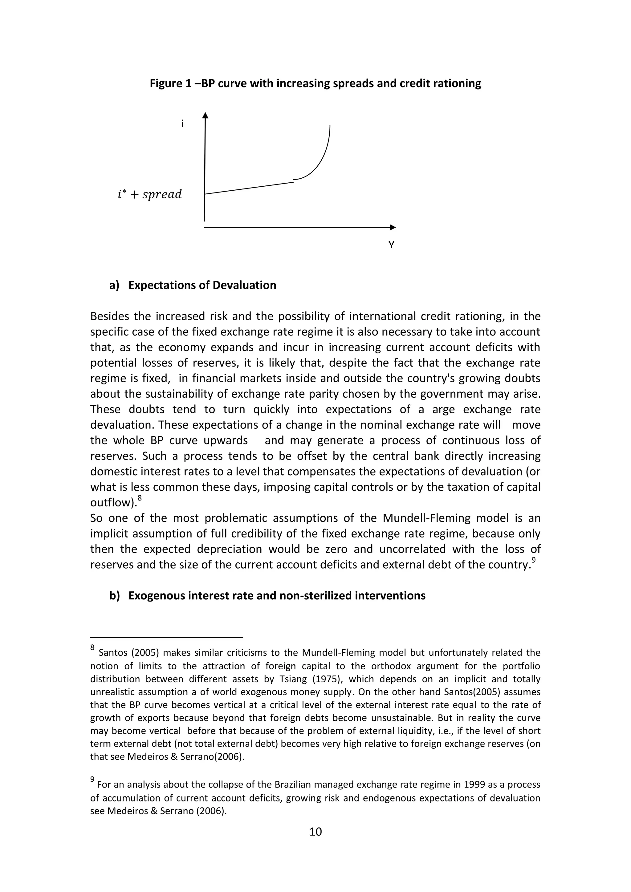 10 
Figure 1 –BP curve with increasing spreads and credit rationing 
a) Expectations of Devaluation 
Besides the increased risk and the possibility of international credit rationing, in the specific case of the fixed exchange rate regime it is also necessary to take into account that, as the economy expands and incur in increasing current account deficits with potential losses of reserves, it is likely that, despite the fact that the exchange rate regime is fixed, in financial markets inside and outside the country's growing doubts about the sustainability of exchange rate parity chosen by the government may arise. These doubts tend to turn quickly into expectations of a arge exchange rate devaluation. These expectations of a change in the nominal exchange rate will move the whole BP curve upwards and may generate a process of continuous loss of reserves. Such a process tends to be offset by the central bank directly increasing domestic interest rates to a level that compensates the expectations of devaluation (or what is less common these days, imposing capital controls or by the taxation of capital outflow).8 
So one of the most problematic assumptions of the Mundell-Fleming model is an implicit assumption of full credibility of the fixed exchange rate regime, because only then the expected depreciation would be zero and uncorrelated with the loss of reserves and the size of the current account deficits and external debt of the country.9 
b) Exogenous interest rate and non-sterilized interventions 
8 Santos (2005) makes similar criticisms to the Mundell-Fleming model but unfortunately related the notion of limits to the attraction of foreign capital to the orthodox argument for the portfolio distribution between different assets by Tsiang (1975), which depends on an implicit and totally unrealistic assumption a of world exogenous money supply. On the other hand Santos(2005) assumes that the BP curve becomes vertical at a critical level of the external interest rate equal to the rate of growth of exports because beyond that foreign debts become unsustainable. But in reality the curve may become vertical before that because of the problem of external liquidity, i.e., if the level of short term external debt (not total external debt) becomes very high relative to foreign exchange reserves (on that see Medeiros & Serrano(2006). 
9 For an analysis about the collapse of the Brazilian managed exchange rate regime in 1999 as a process of accumulation of current account deficits, growing risk and endogenous expectations of devaluation see Medeiros & Serrano (2006). 
i 
Y  