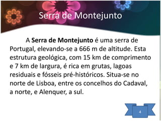 Serra de Montejunto
A Serra de Montejunto é uma serra de
Portugal, elevando-se a 666 m de altitude. Esta
estrutura geológica, com 15 km de comprimento
e 7 km de largura, é rica em grutas, lagoas
residuais e fósseis pré-históricos. Situa-se no
norte de Lisboa, entre os concelhos do Cadaval,
a norte, e Alenquer, a sul.
4

 