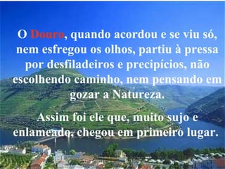 O  Douro , quando acordou e se viu só, nem esfregou os olhos, partiu à pressa por desfiladeiros e precipícios, não escolhendo caminho, nem pensando em gozar a Natureza. Assim foi ele que, muito sujo e enlameado, chegou em primeiro lugar.  