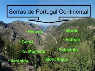 Estrela Marão Gerês Peneda Caldeirão Serras de Portugal Continental Arrábida Monchique S. Mamede Parque da Serra da Estrela                                                                        O maciço da Serra da Estrela com uma altura maxima de 1993 metros é composto por um planalto com altitudes que rondam os 1800m. No maximo da glaciação, há cerca de 18000 anos, uma calote de gelo cobrindo o planalto da Torre até ao Vale do Conde, de onde divergiam 7 linguas glaciares que escoavam pelos profundos vales periféricos. O glaciar do Zezere pelos amplos circos da Candeeira, Covão da Ametade, Covão Cimeiro, originou a mais extensa lingua de gelo da Serra da Estrela, atingindo, segundo os estudos de Suzanne Daveau (1971), 13 km de comprimento e a altitude mínima de 680m próximo a S.Gabriel. Zonas aplanadas, superficies polidas,vales Glaciaricos, moreias, circos, lagoas, relvados húmidos, são marcas evidemtes da glaciação wurmiana. 
