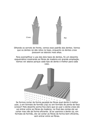 Olhando os serrote de frente, vemos esse padrão dos dentes. Vemos
que os dentes rip são retos no topo, enquanto os dentes cross
possuem as laterais mais altas.
Para exemplificar o uso dos dois tipos de dentes, fiz um desenho
esquemático mostrando as fibras da madeira em grande ampliação.
Vamos ver abaixo porque cada tipo de dente é melhor para cada
caso.
Se formos cortar de forma paralela às fibras qual dente é melhor
usar, o em formato de formão (rip) ou em formato de ponta de faca
(cross)? Pelo desenho acima fica claro que se usar o dente cross ele
vai entrar entre as fibras da madeira; no final das contas ele vai
cortar mas não de forma eficiente. Já se usarmos o dente rip, em
formato de formão, ele vai cortar as fibras de forma bem eficiente,
sem entrar entre as fibras.
 
