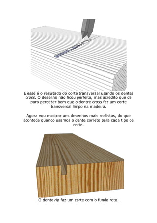 E esse é o resultado do corte transversal usando os dentes
cross. O desenho não ficou perfeito, mas acredito que dê
para perceber bem que o dentre cross faz um corte
transversal limpo na madeira.
Agora vou mostrar uns desenhos mais realistas, do que
acontece quando usamos o dente correto para cada tipo de
corte.
O dente rip faz um corte com o fundo reto.
 