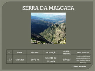 SERRA DA MALCATA Filipe e Ricardo Cl. NOME ALTITUDE LOCALIZAÇÃO CIDADE + PRÓXIMA CURIOSIDADES 10.º Malcata 1075 m Distrito da Guarda Sabugal - Local protegido para o desenvolvimento do Lince Ibérico (Lince da Malcata) 