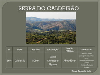 SERRA DO CALDEIRÃO Nuna, Raquel e Inês Cl. NOME ALTITUDE LOCALIZAÇÃO CIDADE + PRÓXIMA CURIOSIDADES 16.º Caldeirão 500 m Baixo Alentejo e Algarve Almodôvar - Barreira física à passagem dos ventos norte. - Gado predominante Caprino - Muitas influências árabes 