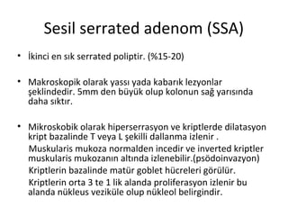 Sesil serrated adenom (SSA)
• İkinci en sık serrated poliptir. (%15-20)
• Makroskopik olarak yassı yada kabarık lezyonlar
şeklindedir. 5mm den büyük olup kolonun sağ yarısında
daha sıktır.
• Mikroskobik olarak hiperserrasyon ve kriptlerde dilatasyon
kript bazalinde T veya L şekilli dallanma izlenir .
Muskularis mukoza normalden incedir ve inverted kriptler
muskularis mukozanın altında izlenebilir.(psödoinvazyon)
Kriptlerin bazalinde matür goblet hücreleri görülür.
Kriptlerin orta 3 te 1 lik alanda proliferasyon izlenir bu
alanda nükleus veziküle olup nükleol belirgindir.
 