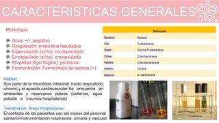 CARACTERISTICAS GENERALES
Morfología:
 Gram +/-: negativo
 Respiración: anaerobio facultativo
 Esporulación (si/no): no esporulado
 Encapsulado (si/no): encapsulado
 Movilidad (tipo flagelo): perítricos
 Fermentación: Fermentado de lactosa (+)
Hábitat:
Son parte de la microbiota intestinal, tracto respiratorio,
urinario y el aparato cardiovascular.Se encuentra en
ambientes y reservorios pobres (cañerías, agua
potable e insumos hospitalarios)
Transmisión- Áreas hospitalarios:
El contacto de los pacientes con las manos del personal
sanitario-Instrumentación respiratoria, urinaria y vascular.
 