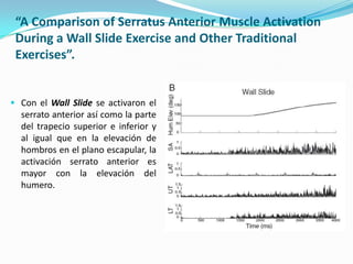 “A Comparison of Serratus Anterior Muscle Activation
During a Wall Slide Exercise and Other Traditional
Exercises”.
 Con el Wall Slide se activaron el
serrato anterior así como la parte
del trapecio superior e inferior y
al igual que en la elevación de
hombros en el plano escapular, la
activación serrato anterior es
mayor con la elevación del
humero.
 
