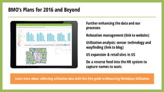 BMO’s Plans for 2016 and Beyond
Further enhancing the data and our
processes
Relocation management (link to website)
Utilization analysis: sensor technology and
wayfinding (link to blog)
US expansion & retail sites in US
Do a reverse feed into the HR system to
capture names to seats
Learn more about collecting utilization data with this free guide to Measuring Workplace Utilization
 