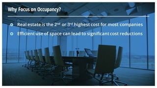 Why Focus on Occupancy?
Real estate is the 2nd or 3rd highest cost for most companies
Efficient use of space can lead to significant cost reductions
 