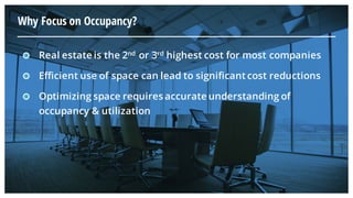 Why Focus on Occupancy?
Real estate is the 2nd or 3rd highest cost for most companies
Efficient use of space can lead to significant cost reductions
Optimizing space requires accurate understanding of
occupancy & utilization
 