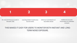 THIS MAKES IT EASY FOR USERS TO MONITOR BOTH INSTANT AND LONG-
TERM NOISE EXPOSURE.
1 2 3
SPL (Sound Pressure Level) in
decibels (DB)
Leq (Equivalent Continuous
Sound Level)
Minimum and Maximum
recorded values
4
Additional acoustic
Parameters for detailed
analysis
 