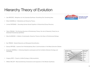 Hierarchy Theory of Evolution
•   Dan BROOKS - Metaphors for the Extended Synthesis: Something Old, Something New.


•   Silvia CAIANIELLO - Modularity and Hierarchy Theory.

•   Linnda CAPORAEL - Grounding Human Social Cognition in Hierarchical Group Structure.




•   Telmo PIEVANI - The Evolving Structure of Evolutionary Theory: the role of Hierarchy Theory for an
    Extended Evolutionary Synthesis.


•   Niles ELDREDGE - A Matter of Individuality: Hierarchy Theory at the Dawn of Evolutionary Biology.




•   Ilya TËMKIN - Nested Networks and Biological Diversification.

•   Keynyn BRYSSE – Lessons from Interdisciplinary (Non-) Communication in the Mass Extinction Debate.


•   Emanuele SERRELLI - Criticizing Adaptive Landscapes and the Conflation Between Ecology and
    Genealogy.




•   Gregory DIETL- Toward a Unified Ecology in Macroevolution.

•   William MILLER - Macroevolutionary Consonance and expansion of the Modern Synthesis.


                                                                                                         1
 