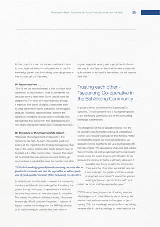 39Growing Our Food – Sustaining Our Future: Sharing Stories from the Fields
for this project is a train the trainers model which aims
to encourage trained community members to use the
knowledge gained from this training to set up gardens so
On lessons learned …..
“One of the key lessons learned is that you have to be
it improves their sense of dignity, it empowers them
to bring extra money home and also to harvest good
community members have no book knowledge, they
learned what they know from their grandparents and
On the future of the project and its impact -
looking at the impact that the food gardening project has
had on the various communities similar projects need to
co-operatives is valuable because the members are able
members we talked to acknowledge that formalising the
groups through setting up co-operatives is a limitation
This means that without multi-year funding, it becomes
”
impact however the funding from the FHR has allowed
us to reach more poor communities, train them on
organic vegetable farming and support them to farm in
able to make an income for themselves, this will improve
Trusting each other -
Tsepanong Co-operative in
the Bahlokong Community
A group of seven women run the Tsepanong Co-
in the Bahlokong community, one of the surrounding
The chairperson of the co-operative shares how the
co-operative was formed by a group of unemployed
we started the project we were not working so, we
decided to come together to set up a food garden with
the community hall and we approached the municipality
because the community hall is a gathering place and it
I was working in the garden and then a woman
working is there an opportunity for me?’’ so I
“CCS took us through a number of training sessions
also had no idea how to work so they gave us good
we were able to plant accordingly to make sure that the
“With the knowledge gained from the training, we were able to
plant better to make sure that the vegetables we sell are fresh
and of good quality,” member of the Tsepanong Co-operative.
 