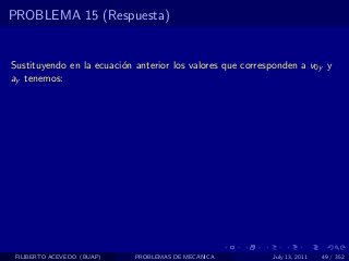 PROBLEMA 15 (Respuesta)


Sustituyendo en la ecuaci´n anterior los valores que corresponden a v0y y
                         o
ay tenemos:




 FILIBERTO ACEVEDO (BUAP)   PROBLEMAS DE MECANICA          July 13, 2011   49 / 352
 