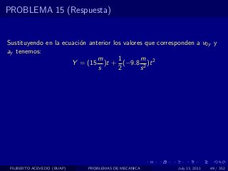 PROBLEMA 15 (Respuesta)


Sustituyendo en la ecuaci´n anterior los valores que corresponden a v0y y
                         o
ay tenemos:
                               m       1       m
                      Y = (15 )t + (−9.8 2 )t 2
                               s       2       s




 FILIBERTO ACEVEDO (BUAP)   PROBLEMAS DE MECANICA          July 13, 2011   49 / 352
 
