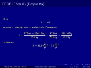 PROBLEMA 63 (Respuesta)



Pero
                                   fr = ma
entonces , despejando la aceleraci´n a tenemos:
                                  o

                      778Nˆ − 286.16Nˆ
                          i          j   778Nˆ 286.16Nˆ
                                              i          j
                a=                     =        −
                           29.2kg        29.2kg   29.2kg
entonces:
                                        mˆ         m
                            a = 26.64     2
                                            i − 9.8 2 ˆ
                                                      j
                                        s          s




 FILIBERTO ACEVEDO (BUAP)     PROBLEMAS DE MECANICA       July 13, 2011   239 / 352
 