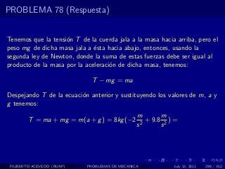 PROBLEMA 78 (Respuesta)


Tenemos que la tensi´n T de la cuerda jala a la masa hacia arriba, pero el
                    o
peso mg de dicha masa jala a ´sta hacia abajo, entonces, usando la
                              e
segunda ley de Newton, donde la suma de estas fuerzas debe ser igual al
producto de la masa por la aceleraci´n de dicha masa, tenemos:
                                    o

                              T − mg = ma

Despejando T de la ecuaci´n anterior y sustituyendo los valores de m, a y
                         o
g tenemos:
                                                m       m
        T = ma + mg = m(a + g ) = 8kg (−2          + 9.8 2 ) =
                                                s2      s




 FILIBERTO ACEVEDO (BUAP)   PROBLEMAS DE MECANICA           July 13, 2011   298 / 352
 