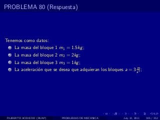 PROBLEMA 80 (Respuesta)




Tenemos como datos:
  1   La masa del bloque 1 m1 = 1.5kg ;
  2   La masa del bloque 2 m2 = 2kg ;
  3   La masa del bloque 3 m3 = 1kg ;
                                                                  m
  4   La aceleraci´n que se desea que adquieran los bloques a = 3 s 2 ;
                  o




 FILIBERTO ACEVEDO (BUAP)     PROBLEMAS DE MECANICA          July 13, 2011   305 / 352
 