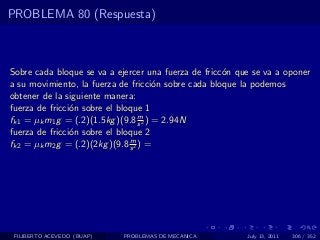 PROBLEMA 80 (Respuesta)



Sobre cada bloque se va a ejercer una fuerza de fricc´n que se va a oponer
                                                     o
a su movimiento, la fuerza de fricci´n sobre cada bloque la podemos
                                       o
obtener de la siguiente manera:
fuerza de fricci´n sobre el bloque 1
                o
                                   m
fk1 = µk m1 g = (.2)(1.5kg )(9.8 s 2 ) = 2.94N
fuerza de fricci´n sobre el bloque 2
                o
                               m
fk2 = µk m2 g = (.2)(2kg )(9.8 s 2 ) =




 FILIBERTO ACEVEDO (BUAP)   PROBLEMAS DE MECANICA         July 13, 2011   306 / 352
 