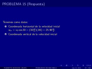 PROBLEMA 15 (Respuesta)



Tenemos como datos:
  1   Coordenada horizontal de la velocidad inicial
      v0x = v0 cos 30 = (30 m )(.86) = 25.98 m ;
                            s                s
  2   Coordenada vertical de la velocidad inicial




 FILIBERTO ACEVEDO (BUAP)     PROBLEMAS DE MECANICA   July 13, 2011   47 / 352
 