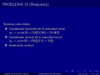 PROBLEMA 15 (Respuesta)



Tenemos como datos:
  1   Coordenada horizontal de la velocidad inicial
      v0x = v0 cos 30 = (30 m )(.86) = 25.98 m ;
                            s                s
  2   Coordenada vertical de la velocidad inicial
      v0y = v0 sin 30 = (30 m )(.5) = 15 m ;
                            s            s
  3   Aceleraci´n vertical
               o




 FILIBERTO ACEVEDO (BUAP)     PROBLEMAS DE MECANICA   July 13, 2011   47 / 352
 