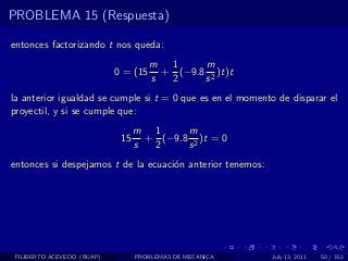 PROBLEMA 15 (Respuesta)

entonces factorizando t nos queda:
                                      m 1      m
                            0 = (15     + (−9.8 2 )t)t
                                      s  2     s
la anterior igualdad se cumple si t = 0 que es en el momento de disparar el
proyectil, y si se cumple que:
                                  m 1      m
                             15     + (−9.8 2 )t = 0
                                  s  2     s
entonces si despejamos t de la ecuaci´n anterior tenemos:
                                     o




 FILIBERTO ACEVEDO (BUAP)         PROBLEMAS DE MECANICA     July 13, 2011   50 / 352
 