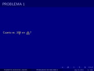 PROBLEMA 1




Cuanto es .3 km en
              h
                       m
                       min ?




 FILIBERTO ACEVEDO (BUAP)      PROBLEMAS DE MECANICA   July 13, 2011   3 / 352
 