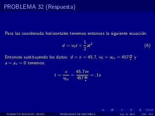 PROBLEMA 32 (Respuesta)



Para las coordenada horizontales tenemos entonces la siguiente ecuaci´n:
                                                                     o
                                           1
                                 d = v0 t + at 2                            (6)
                                           2
Entonces sustituyendo los datos: d = x = 45.7, v0 = v0x = 457 m y
                                                              s
a = ax = 0 tenemos:
                                  x    45.7m
                            t=       =       = .1s
                                 v0x   457 m
                                           s




 FILIBERTO ACEVEDO (BUAP)    PROBLEMAS DE MECANICA        July 13, 2011   106 / 352
 
