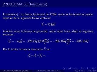 PROBLEMA 63 (Respuesta)

Llamemos f1 a la fuerza horizontal de 778N, como es horizontal se puede
expresar de la siguiente forma vectorial:

                                       f1 = 778Nˆ
                                                i

tambien actua la fuerza de gravedad, como actua hacia abajo es negativa,
entonces:
                                         m ˆ               m
     fg = −mg ˆ = −(29.2kg )(9.8
              j                            2
                                             )j = −286.16kg 2 ˆ = −286.16Nˆ
                                                              j           j
                                         s                 s

Por lo tanto, la fuerza resultante fr es:

                            fr = f1 + fg =




 FILIBERTO ACEVEDO (BUAP)          PROBLEMAS DE MECANICA        July 13, 2011   238 / 352
 