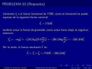 PROBLEMA 63 (Respuesta)

Llamemos f1 a la fuerza horizontal de 778N, como es horizontal se puede
expresar de la siguiente forma vectorial:

                                      f1 = 778Nˆ
                                               i

tambien actua la fuerza de gravedad, como actua hacia abajo es negativa,
entonces:
                                         m ˆ               m
     fg = −mg ˆ = −(29.2kg )(9.8
              j                            2
                                             )j = −286.16kg 2 ˆ = −286.16Nˆ
                                                              j           j
                                         s                 s

Por lo tanto, la fuerza resultante fr es:

                            fr = f1 + fg = 778Nˆ − 286.16Nˆ
                                               i          j




 FILIBERTO ACEVEDO (BUAP)          PROBLEMAS DE MECANICA        July 13, 2011   238 / 352
 